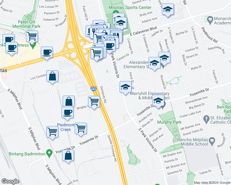 map of restaurants, bars, coffee shops, grocery stores, and more near 468 Dempsey Road in Milpitas