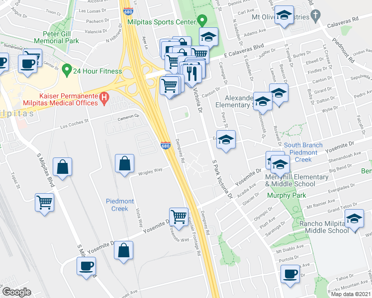 map of restaurants, bars, coffee shops, grocery stores, and more near 468 Dempsey Road in Milpitas