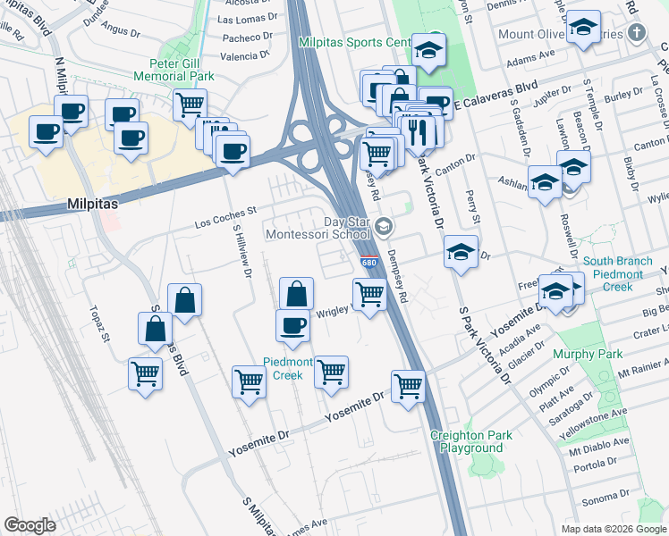 map of restaurants, bars, coffee shops, grocery stores, and more near 320 Gerald Circle in Milpitas