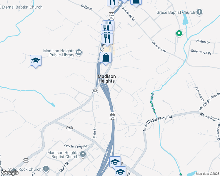 map of restaurants, bars, coffee shops, grocery stores, and more near 1-51 Center Street in Madison Heights