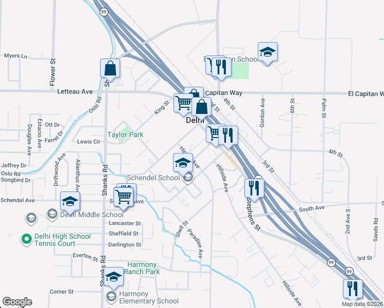 map of restaurants, bars, coffee shops, grocery stores, and more near 9716 Hinton Avenue in Delhi