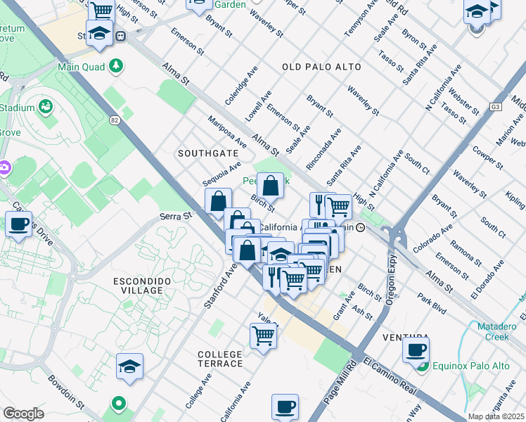 map of restaurants, bars, coffee shops, grocery stores, and more near 314 Stanford Avenue in Palo Alto
