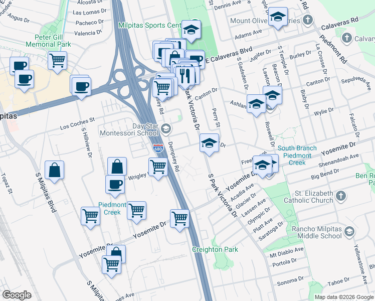 map of restaurants, bars, coffee shops, grocery stores, and more near 468 Dempsey Road in Milpitas