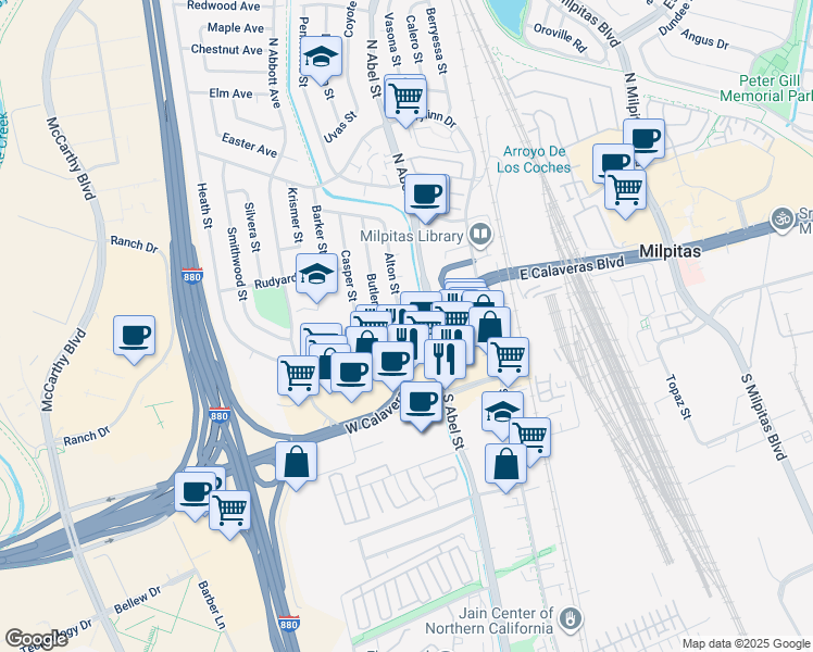 map of restaurants, bars, coffee shops, grocery stores, and more near in Milpitas