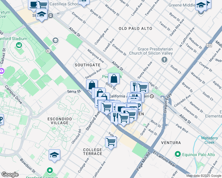 map of restaurants, bars, coffee shops, grocery stores, and more near 352 Stanford Avenue in Palo Alto