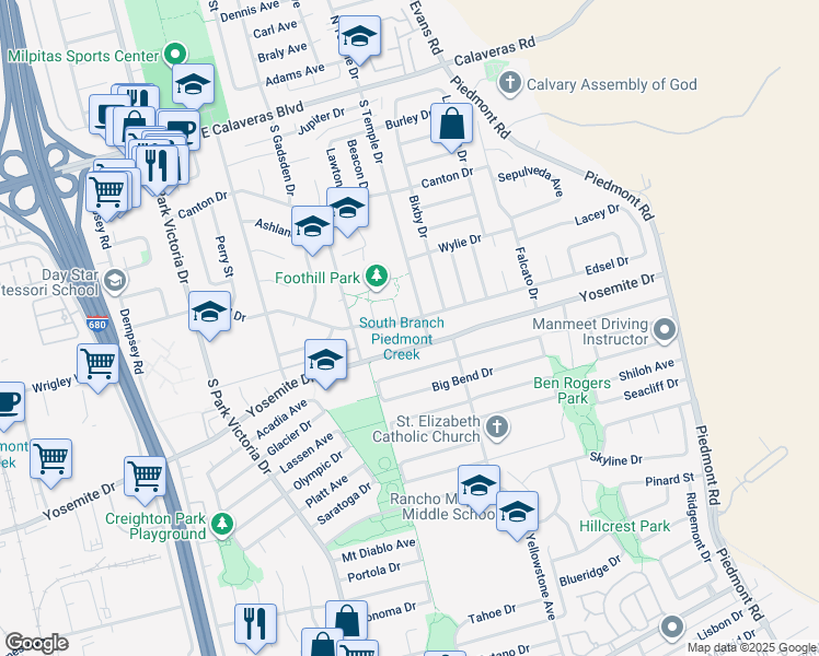 map of restaurants, bars, coffee shops, grocery stores, and more near 1672 Edsel Drive in Milpitas