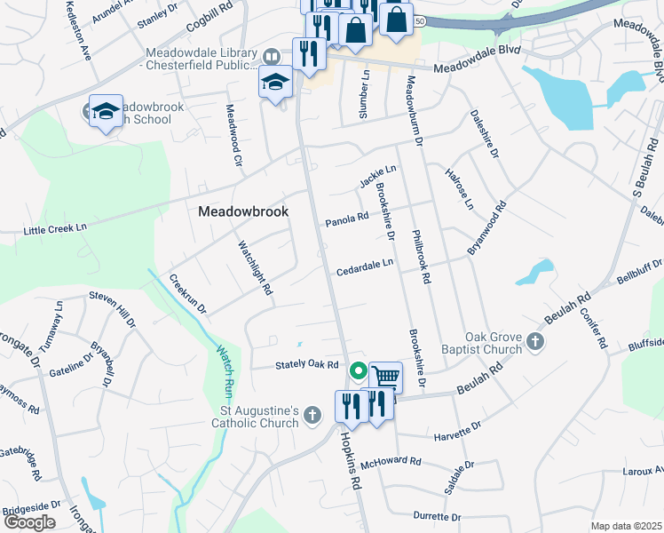 map of restaurants, bars, coffee shops, grocery stores, and more near 6608 Hopkins Road in Richmond