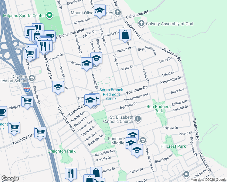 map of restaurants, bars, coffee shops, grocery stores, and more near 1672 Edsel Drive in Milpitas