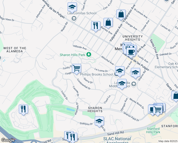 map of restaurants, bars, coffee shops, grocery stores, and more near 2245 Tioga Drive in Menlo Park