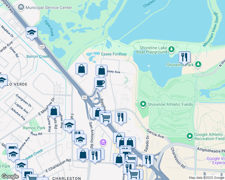 map of restaurants, bars, coffee shops, grocery stores, and more near Marine Way in Mountain View