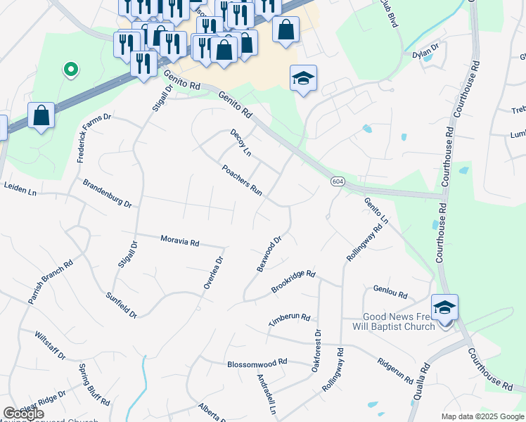 map of restaurants, bars, coffee shops, grocery stores, and more near 4413 Hunters Landing Drive in Chesterfield