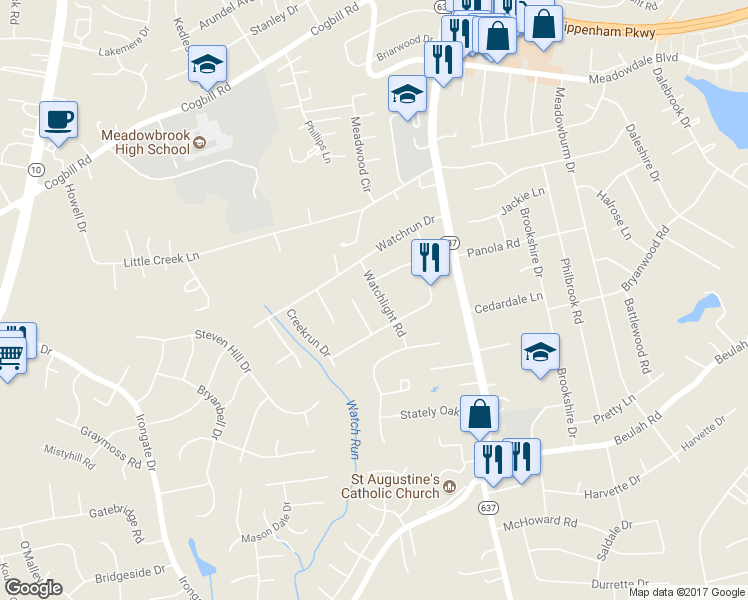map of restaurants, bars, coffee shops, grocery stores, and more near 6512 Watchlight Road in Richmond