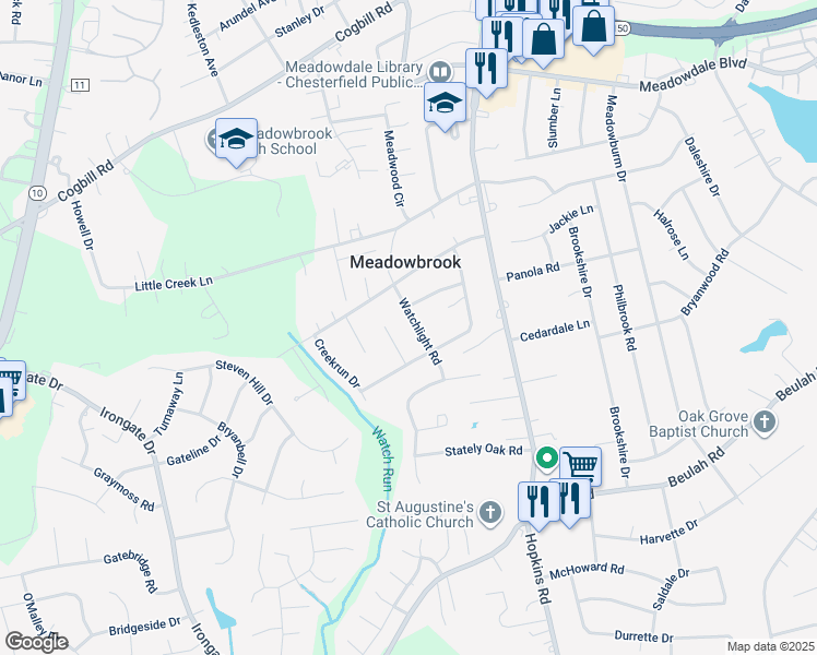 map of restaurants, bars, coffee shops, grocery stores, and more near 6512 Watchlight Road in Richmond