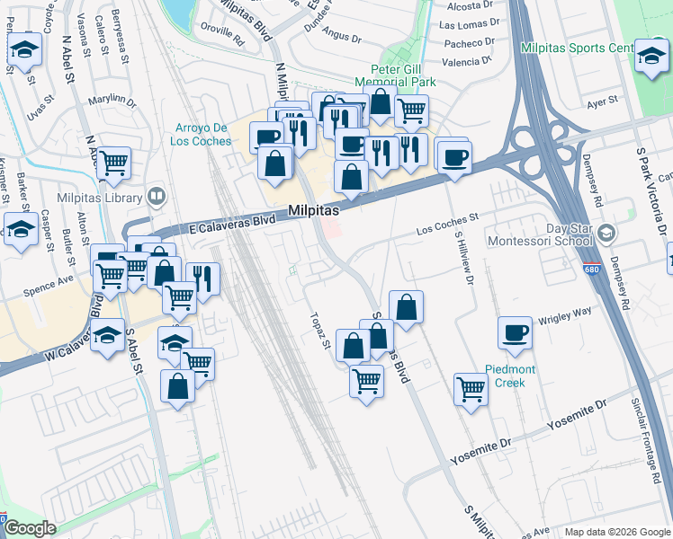 map of restaurants, bars, coffee shops, grocery stores, and more near 340 Los Coches Street in Milpitas