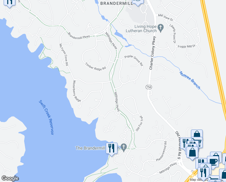 map of restaurants, bars, coffee shops, grocery stores, and more near 4100 Millridge Parkway in Midlothian