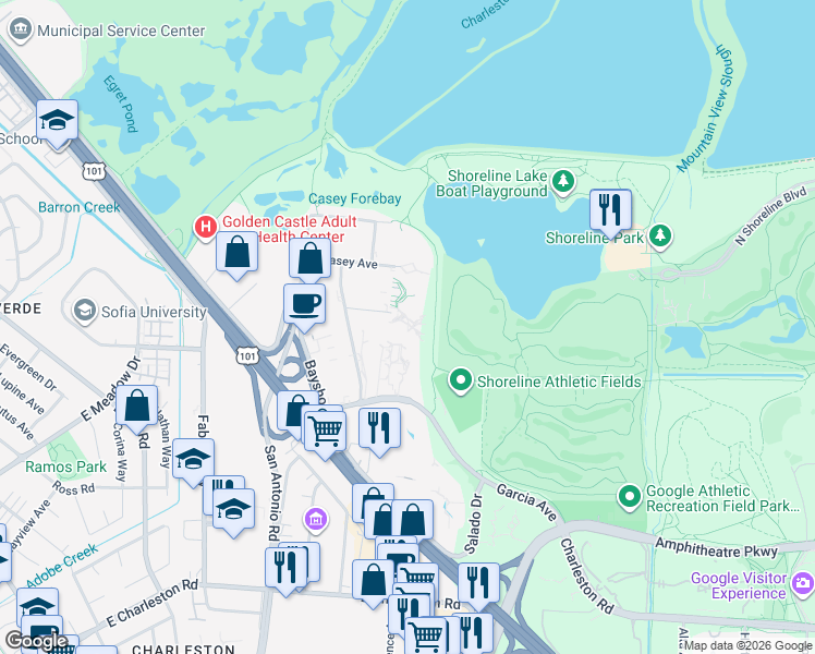 map of restaurants, bars, coffee shops, grocery stores, and more near 2700 Coast Ave in Mountain View