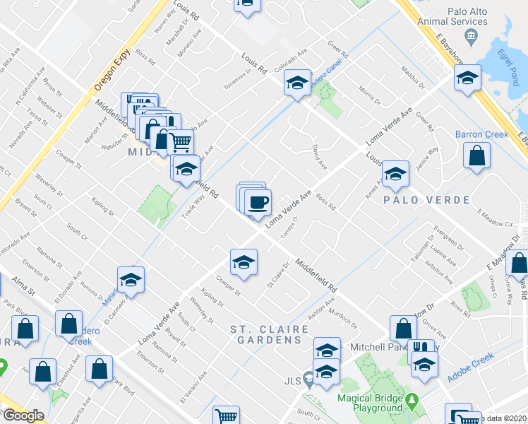 map of restaurants, bars, coffee shops, grocery stores, and more near 3193 Middlefield Road in Palo Alto