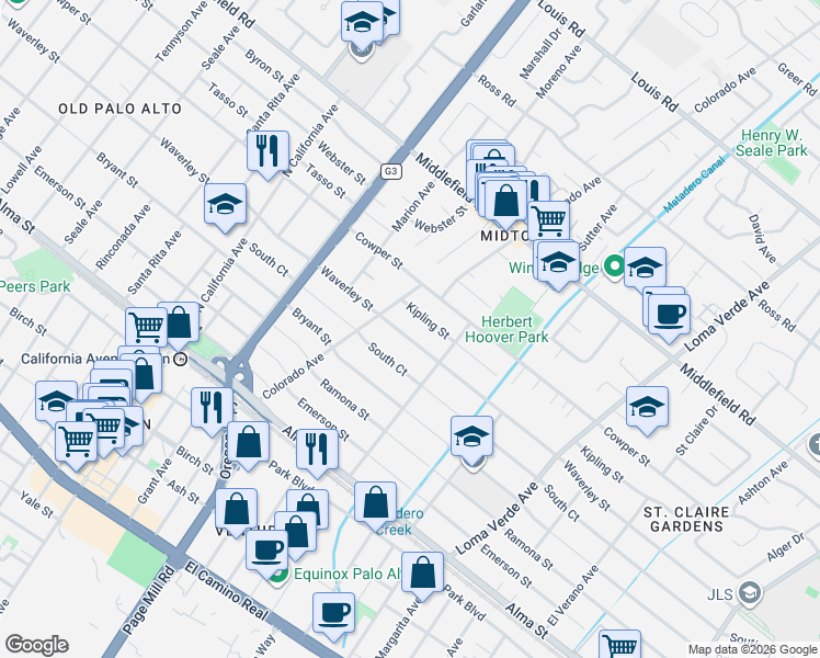 map of restaurants, bars, coffee shops, grocery stores, and more near 2702 Waverley Street in Palo Alto