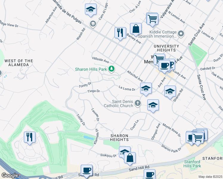 map of restaurants, bars, coffee shops, grocery stores, and more near 2245 Tioga Drive in Menlo Park