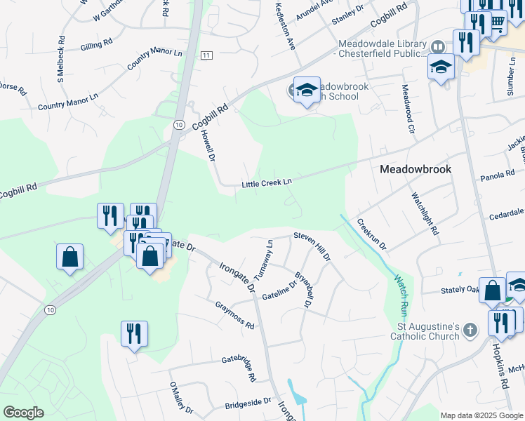 map of restaurants, bars, coffee shops, grocery stores, and more near 5111 Little Creek Lane in Richmond