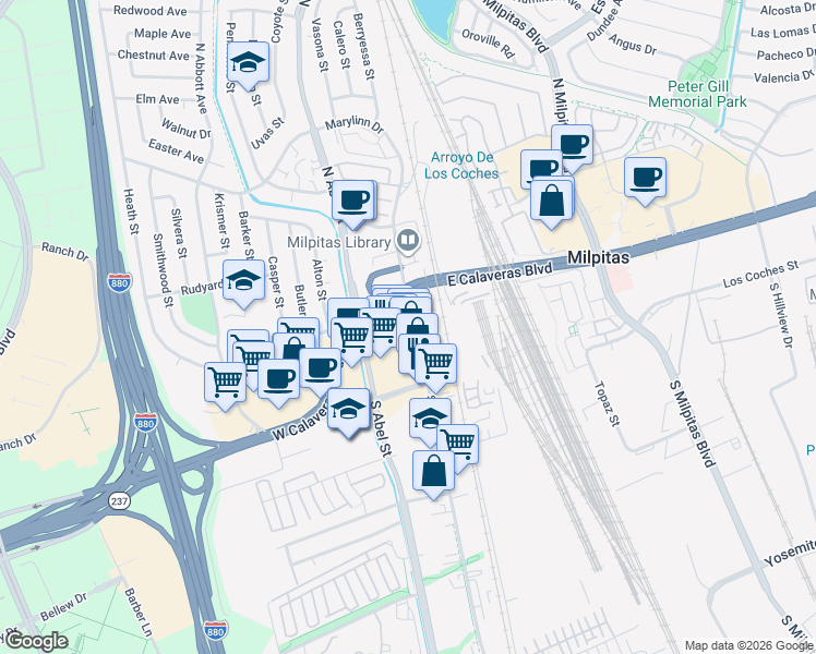 map of restaurants, bars, coffee shops, grocery stores, and more near 85 South Main Street in Milpitas