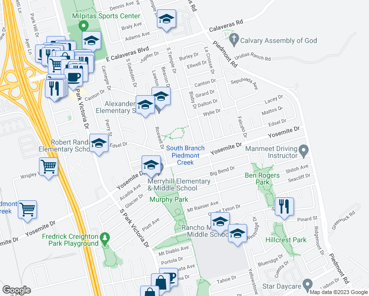 map of restaurants, bars, coffee shops, grocery stores, and more near Edsel Drive in Milpitas