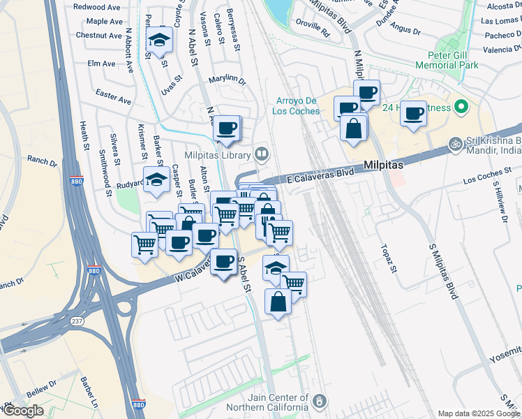 map of restaurants, bars, coffee shops, grocery stores, and more near 27 South Main Street in Milpitas