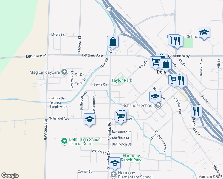 map of restaurants, bars, coffee shops, grocery stores, and more near 16486 Mahogany Way in Delhi