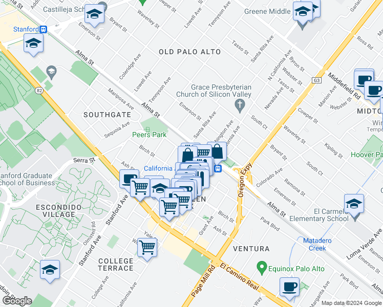 map of restaurants, bars, coffee shops, grocery stores, and more near 2211 Park Boulevard in Palo Alto