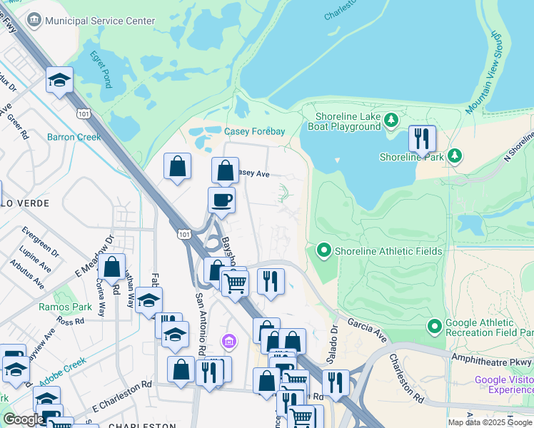 map of restaurants, bars, coffee shops, grocery stores, and more near 2593 Coast Avenue in Mountain View
