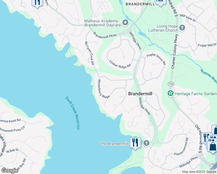 map of restaurants, bars, coffee shops, grocery stores, and more near 13702 Winterberry Terrace in Midlothian