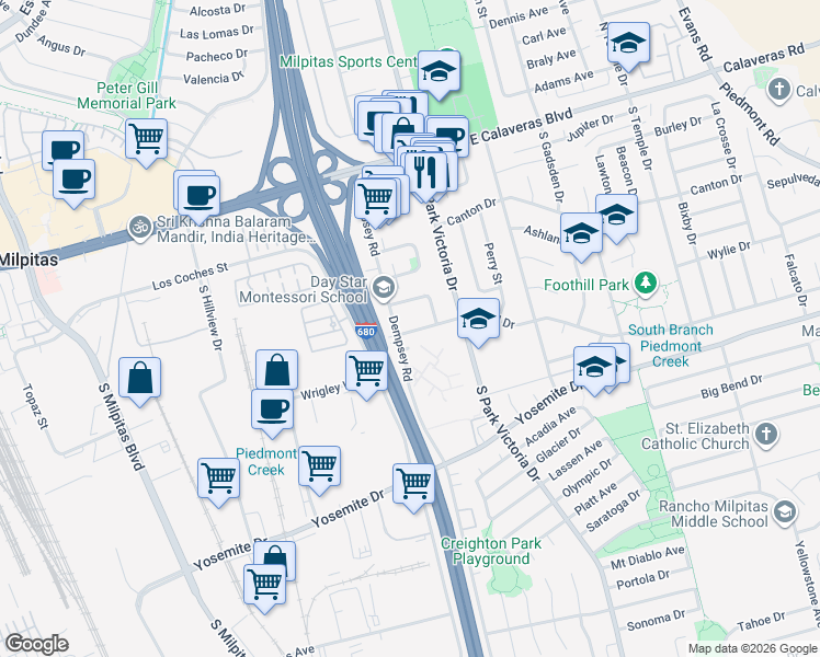 map of restaurants, bars, coffee shops, grocery stores, and more near 468 Dempsey Road in Milpitas