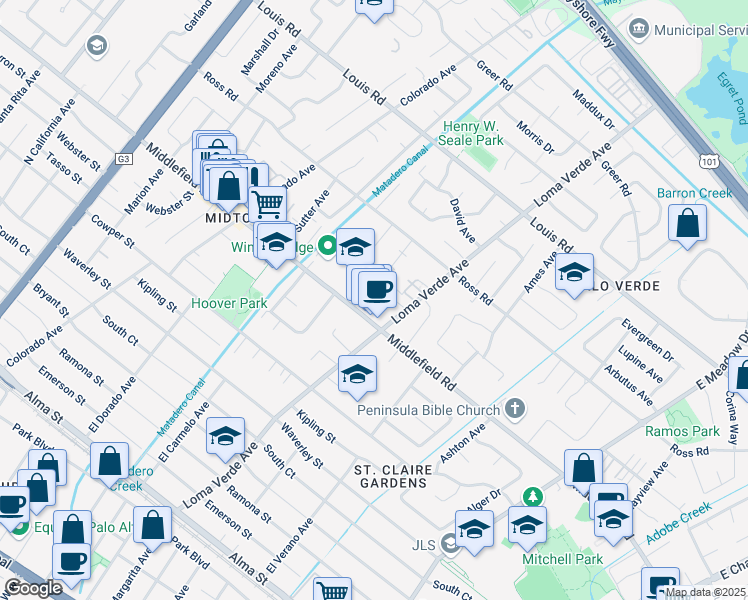 map of restaurants, bars, coffee shops, grocery stores, and more near 3193 Middlefield Road in Palo Alto
