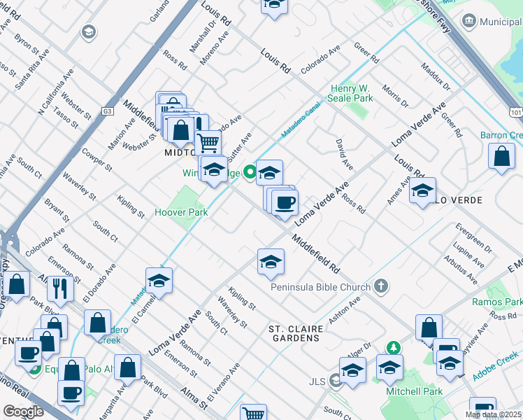 map of restaurants, bars, coffee shops, grocery stores, and more near 3116 Middlefield Road in Palo Alto