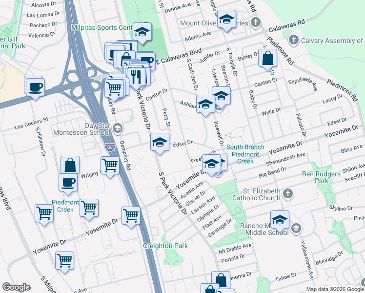 map of restaurants, bars, coffee shops, grocery stores, and more near 447 Carnegie Drive in Milpitas