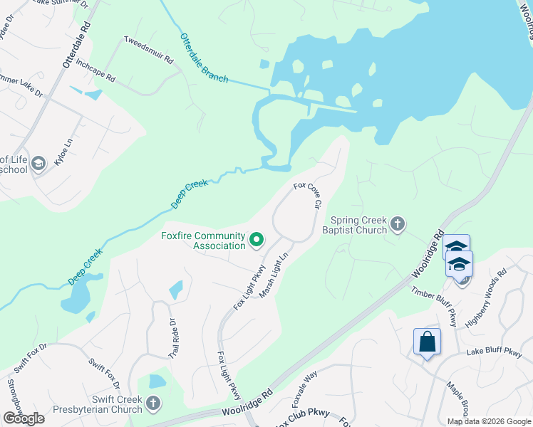 map of restaurants, bars, coffee shops, grocery stores, and more near 15672 Fox Cove Circle in Moseley