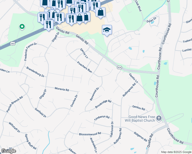 map of restaurants, bars, coffee shops, grocery stores, and more near 10753 Poachers Run in Chesterfield