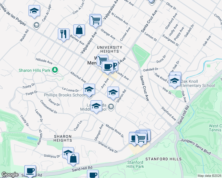 map of restaurants, bars, coffee shops, grocery stores, and more near 2157 Harkins Avenue in Menlo Park