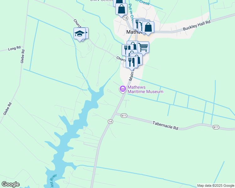 map of restaurants, bars, coffee shops, grocery stores, and more near 50 Irvinville Lane in Mathews