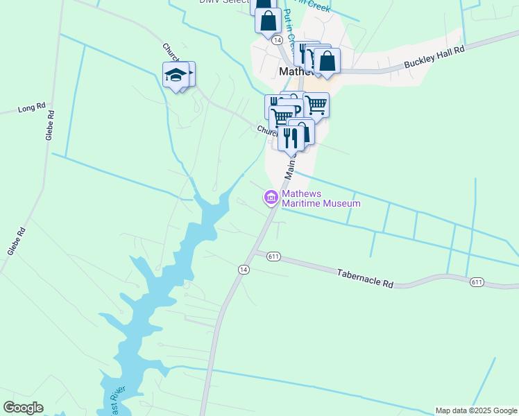 map of restaurants, bars, coffee shops, grocery stores, and more near 50 Irvinville Lane in Mathews