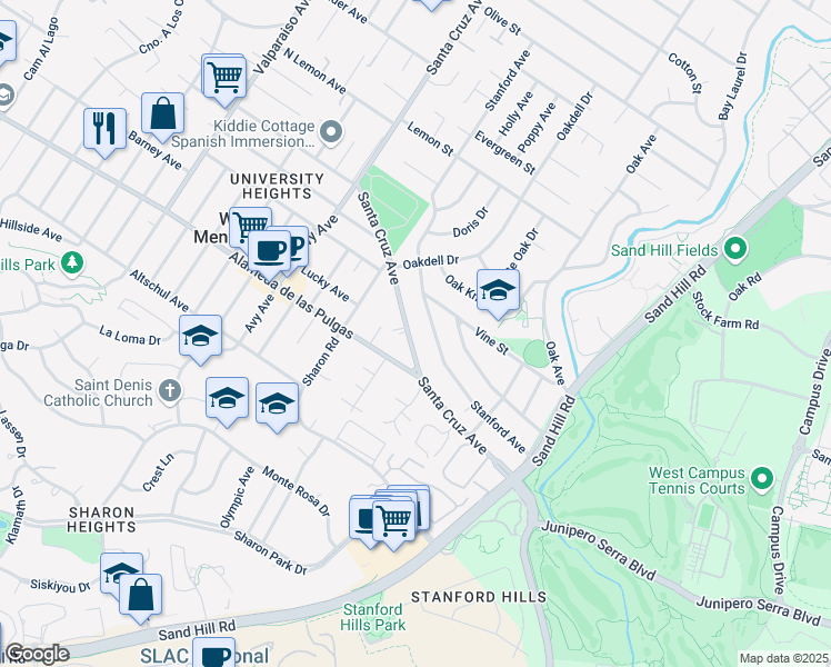 map of restaurants, bars, coffee shops, grocery stores, and more near 2049 Santa Cruz Avenue in Menlo Park