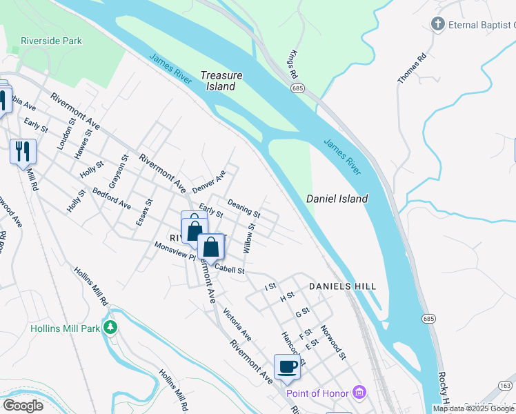 map of restaurants, bars, coffee shops, grocery stores, and more near 111 Willow Street in Lynchburg