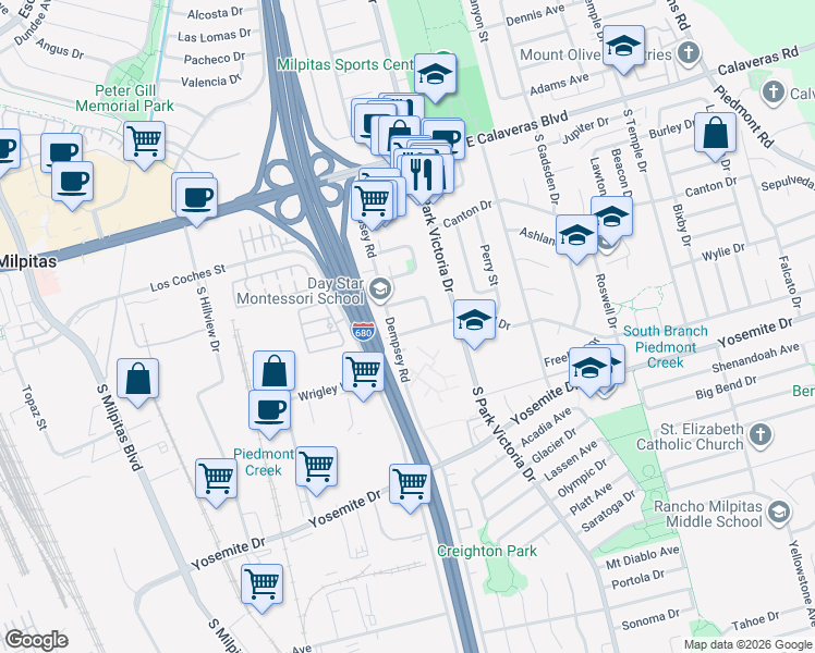 map of restaurants, bars, coffee shops, grocery stores, and more near 1156 Shirley Drive in Milpitas
