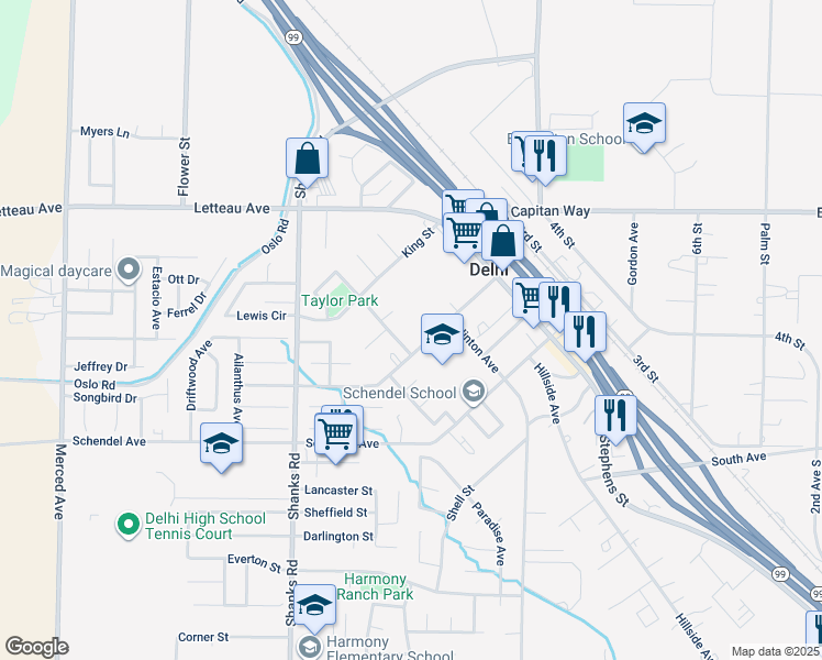 map of restaurants, bars, coffee shops, grocery stores, and more near 16190 Delhi Avenue in Delhi