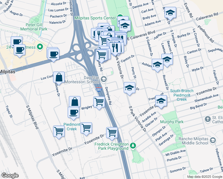 map of restaurants, bars, coffee shops, grocery stores, and more near 1156 Shirley Drive in Milpitas