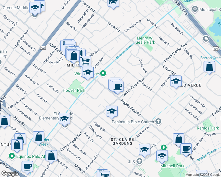 map of restaurants, bars, coffee shops, grocery stores, and more near 3085 Middlefield Road in Palo Alto