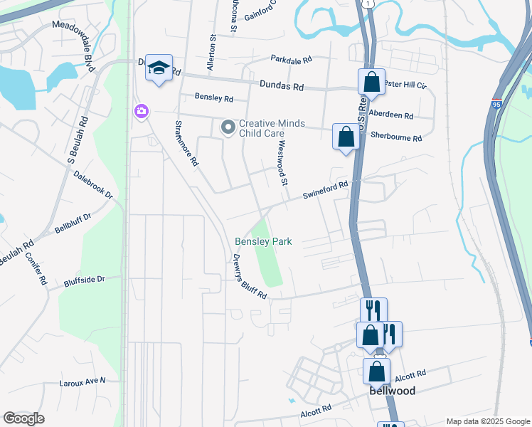 map of restaurants, bars, coffee shops, grocery stores, and more near 2820 Swineford Road in Richmond
