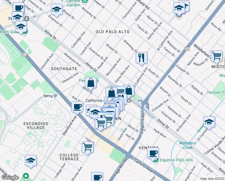 map of restaurants, bars, coffee shops, grocery stores, and more near 2091 Park Boulevard in Palo Alto