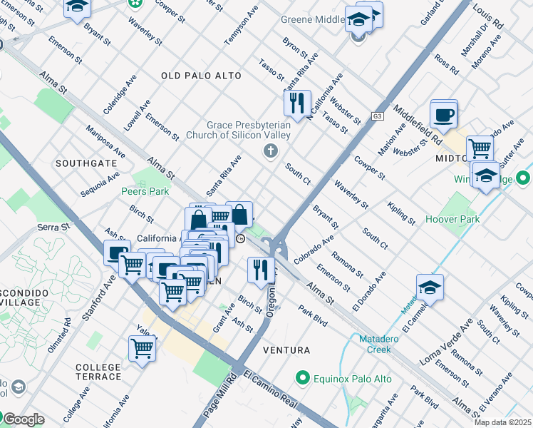 map of restaurants, bars, coffee shops, grocery stores, and more near 2300 Emerson Street in Palo Alto