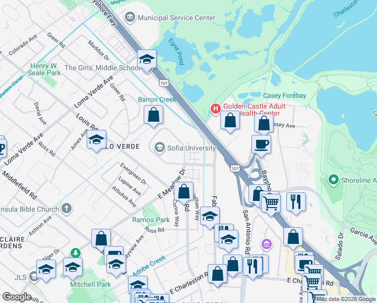 map of restaurants, bars, coffee shops, grocery stores, and more near 1141 Stanislaus Lane in Palo Alto